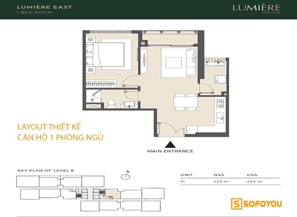 Layout thiết kế căn hộ 1 phòng ngủ Masteri Lumière Riverside An Phú Q2