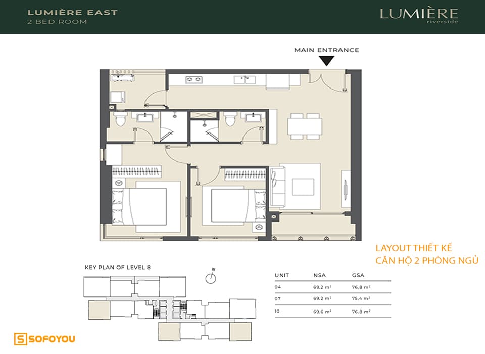 Layout thiết kế căn hộ 2 phòng ngủ Masteri Lumière Riverside An Phú Quận 2